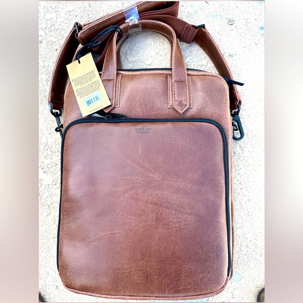 NWT Matt & Nat Motto Tech Brown Vegan Leather Laptop Bag 15" by 12" by 5"
